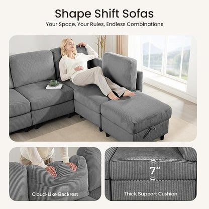 KKL Modular Sectional Sofa Bed with Storage Ottoman, Convertible L/U-Shaped Sleeper Couch for Living Room, Modern Reversible Design (Grey, 4 Seat L Shape)