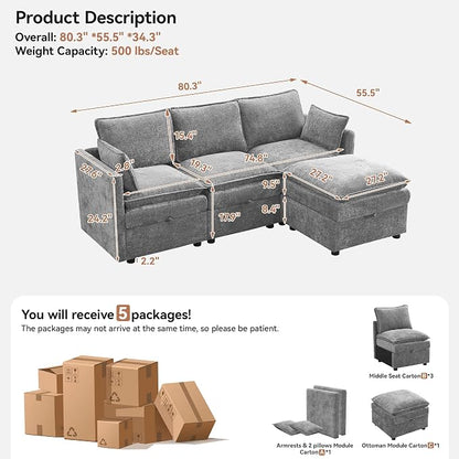 80" Cloud 3 Seater Sectional Modular Couch with Storage Ottoman, Upholstered Storage Sofa Deep Seat, Chenille L Shape Sofa Comfy Couches with Armrests for Living Room, Small Space, Light Grey