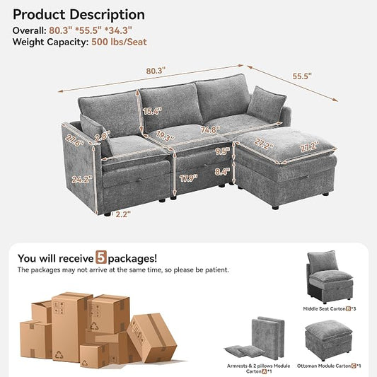 80" Cloud 3 Seater Sectional Modular Couch with Storage Ottoman, Upholstered Storage Sofa Deep Seat, Chenille L Shape Sofa Comfy Couches with Armrests for Living Room, Small Space, Light Grey