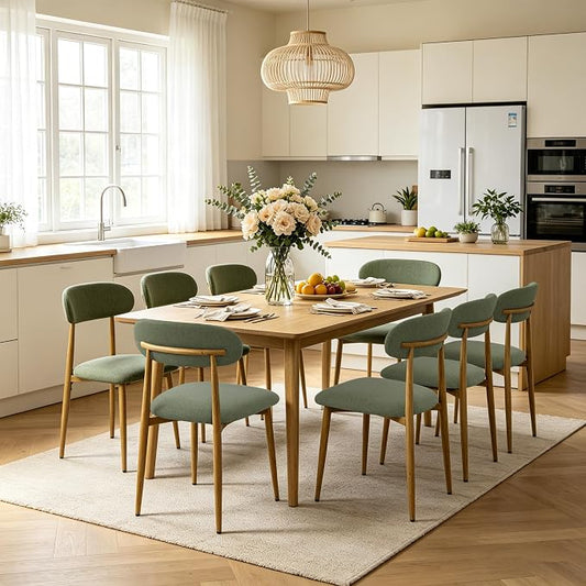 FREKEN Modern Upholstered Dining Chairs Set of 8, Mid-Century Metal Frame with Wood Grain, Linen Fabric Side Chair for Kitchen Dining Room, 350lbs Capacity, Green