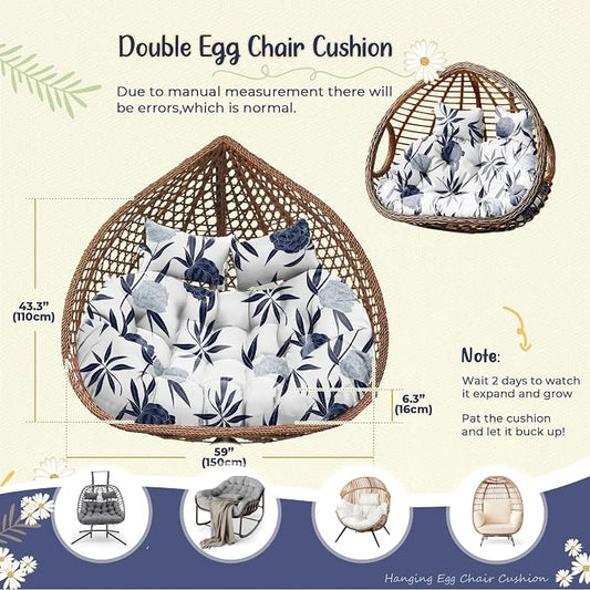 Double Egg Chair Cushion Replacement Waterproof for Outdoor Patio Hanging Basket Egg Chairs, 59x43-Inch Thickened 100% Cotton Large Double Eggs Swing Chair Cushions, Blue Enchantress