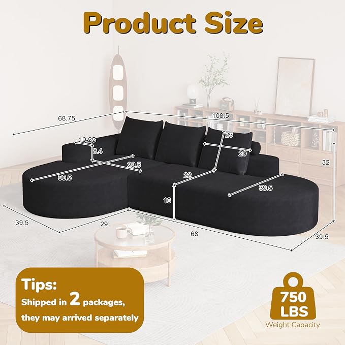 109" Modern Modular Curved L-Shaped Sofa, Chenille Upholstered Sectional Boneless Couch Set with 3 Pillows,Free Combination Sofa for Living Room (Black, 108.5" Right Lounge)
