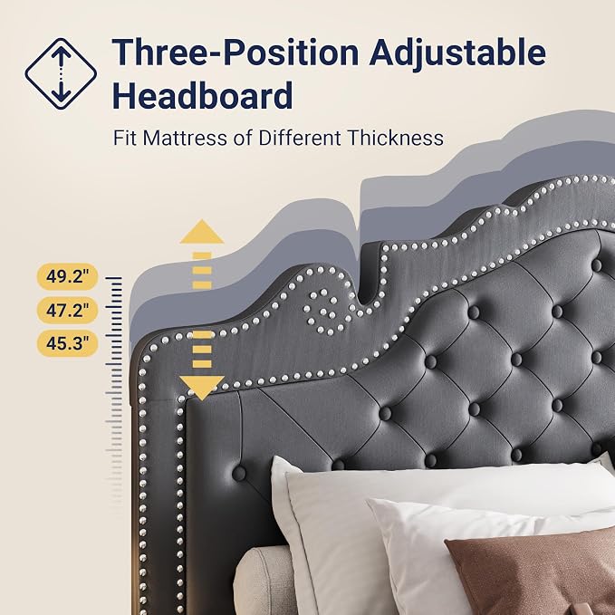 Allewie Queen Size Bed Frame with Adjustable Velvet Tiara Headboard, Upholstered Diamond Button Tufted Platform Bed, Wood Slats Support, No Box Spring Needed, Light Grey