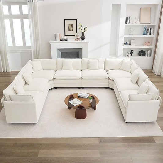 147'' Oversized U Shaped Cloud Sectional Sofa, Chenille Deep Seat Couches for Living Room, Comfy Upholstered Modular Sectional Sofa Couch, Beige