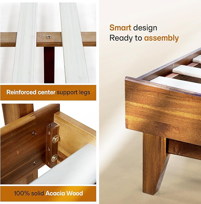 Acacia Aurora Bed Frame with Headboard Solid Wood Platform Bed, King Size Bed Frame, Mid - Century Modern Wood Bed Compatible with All Mattresses, Easy Assembly, Non-Slip, Walnut