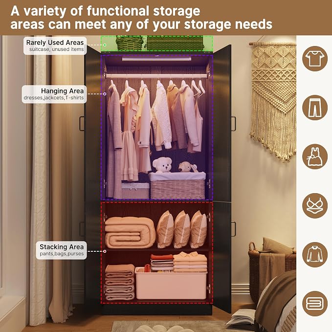 Hlivelood 75" Tall Farmhouse 2 Doors Armoire Wardrobe Closet with LED,Freestanding Closet Wardrobe Cabinet for Bedroom with Hanging Rod,Wooden Armoire Storage Cabinet with Adjustable Shelves(Black)