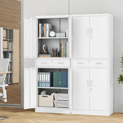 71" H Tall Metal Storage Cabinet with Drawer, Metal Garage Storage Cabinet with Lock and 2 Adjustable Shelves for Home, Office, Garage, Warehouse Organize, White
