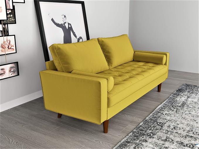 Container Furniture Direct Womble Mid Century Modern Velvet Upholstered Tufted Seat with Bolster Pillows, Loveseat, Sofa, Goldenrod