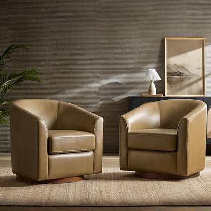 HULALA HOME Genuine Leather Swivel Barrel Chairs Set of 2, Round Swivel Accent Chairs with Solid Wood Base, Leather Barrel Accent Chair for Living Room, No Assembly Required, Taupe