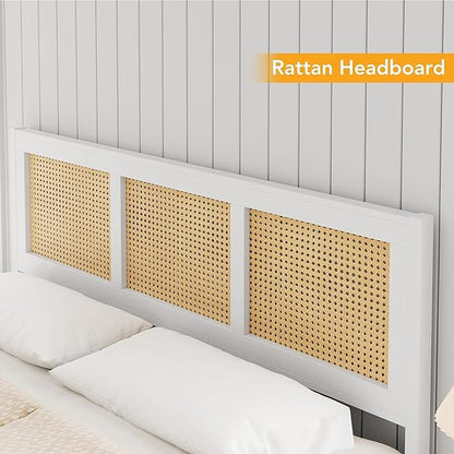 Garvee Rattan Bed Frame with Headboard, Bohe Platform King Size Bed Frame with Strong Metal Slats Support, No Box Spring Needed, Noise-Free Design, White