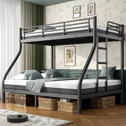 Bunk Beds Twin XL Over Full Size with 6" Mattresses Included, All-in-One Bunk Bed for Kids/Adults, Heavy Duty Sturdy Frame with Ladder Guardrail, with Memory Foam Mattresses, Black
