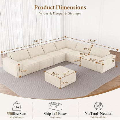 Vesgantti 143.7" Boneless Couch for Living Room, 6 Seater Modular Sectional Sofa with Ottoman & Deep Seat, Convertible Chenille Oversized Cloud Couches, No Assembly Required, Beige