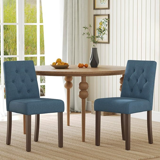 Upholstered Dining Chairs Set of 2, Modern Fabric Dining Chairs with Tufted Design, Kitchen Side Chairs, Farmhouse Dinner Chair with Wood Legs for Kitchen Restaurant Living Room, Blue