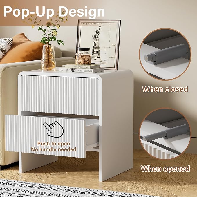 Furniway Set of 2 Modern Curved Nightstand with 2 Drawers, Push-to-Open Wooden Bedside Table, Minimalist End Table for Bedroom, White