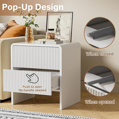 Furniway Set of 2 Modern Curved Nightstand with 2 Drawers, Push-to-Open Wooden Bedside Table, Minimalist End Table for Bedroom, White