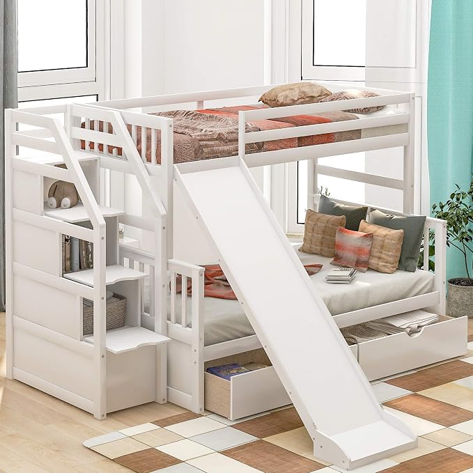 Solid Wood Twin Over Full Bunk Bed with Slide, Drawers, 4 Stair, Three Storage Grids and Full Length Guardrail, Multifunction play house Bunk Bed for Kids/Adults, No Box Spring Needed (White+ss)