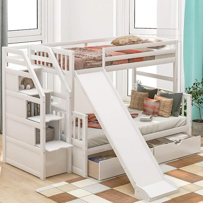 Solid Wood Twin Over Full Bunk Bed with Slide, Drawers, 4 Stair, Three Storage Grids and Full Length Guardrail, Multifunction play house Bunk Bed for Kids/Adults, No Box Spring Needed (White+ss)