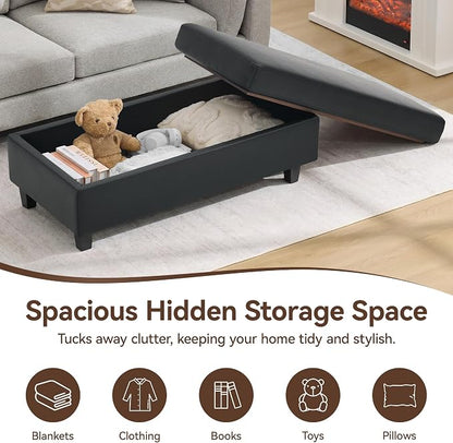 WUTUTUEE 45" Faux Leather Storage Ottoman Bench with Wooden Tray, Black Large Upholstered Foot Stool, Multifunctional Coffee Table Storage Bench with Solid Wood Legs for Living Room Bedroom Entryway