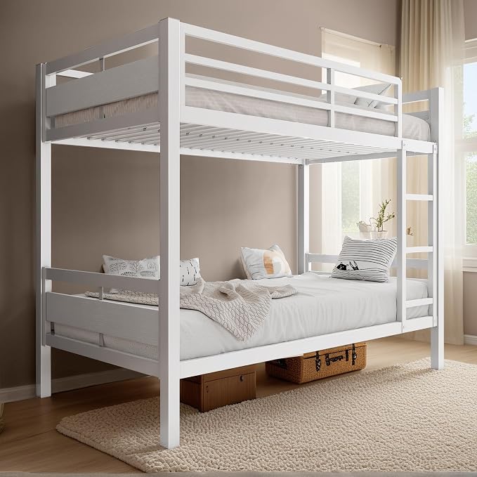 Bunk Bed Twin Over Twin, Heavy Duty Metal Bunkbeds with Ladder and Full-Length Guardrail, Space-Saving Steel Bed for Kids & Adults, No Box Spring Required, White