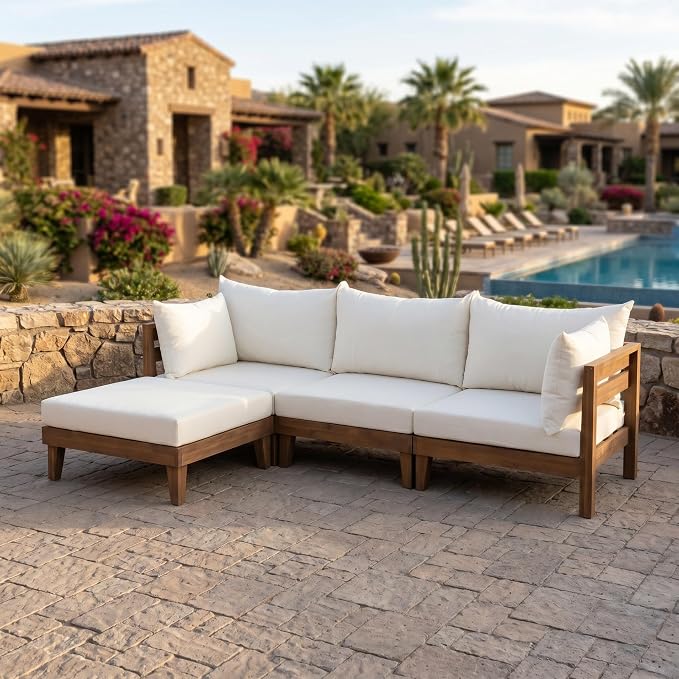 VilroCaz 6-Piece Acacia Wood Outdoor Modular Sectional Patio Sofa Set, Converts to a Daybed, All-Weather Conversation Set with 5 Pillows and 6 Cushions for Backyard, Poolside, Garden