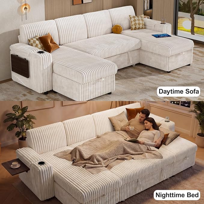 WEUP 108" Modular Sectional Sleeper Sofa with Pull Out Bed, 4 Seat Plush Corduroy U Shaped Couch with USB Ports|Cup Holders|Side Table|Storage Chaise Armrests, Tool Free Assembly, Beige