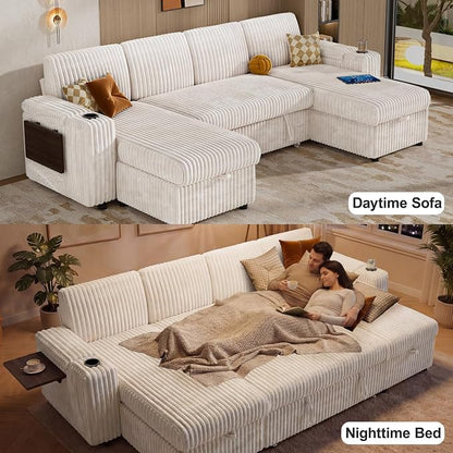 WEUP 108" Modular Sectional Sleeper Sofa with Pull Out Bed, 4 Seat Plush Corduroy U Shaped Couch with USB Ports|Cup Holders|Side Table|Storage Chaise Armrests, Tool Free Assembly, Beige