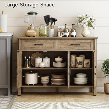 ONBRILL 48 Inch Buffet Cabinet with Storage, Farmhouse Sideboard Buffet w/2 Drawers and 3 Doors, Coffee Bar Cabinet with Adjustable Shelves, Sideboard Storage for Kitchen, Living Room, Washed Grey
