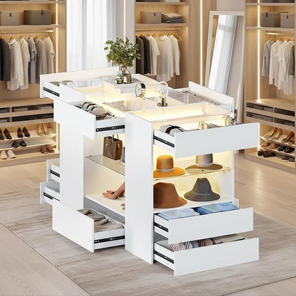 Kikihouse Modern Closet Island with 10 Drawers, LED Wardrobe Armoire Island with Glass Top, Luxury Walk-in Closet Island Storage Cabinet with Display Shelf for Cloakroom, Dressing Room (White)