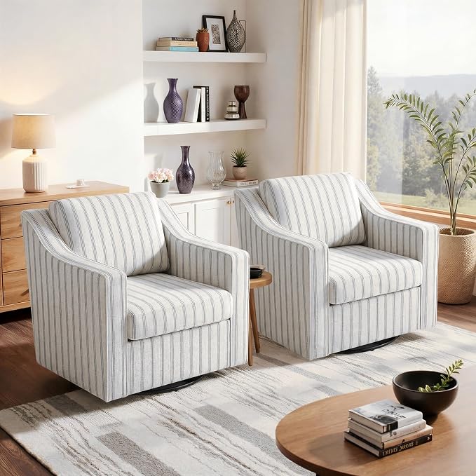 Swivel Accent Chair, Modern Round Barrel Arm Chair for Living Room, Bedroom, Comfy Club Reading Chairs for Adults (Pinstripe Light Blue, Set of 2)