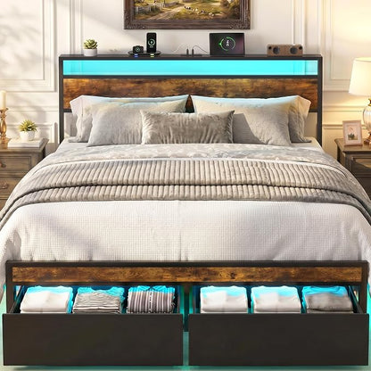 Queen Bed Frame with 2 Drawers and Storage Headboard, Metal Platform with LED Lights and Charging Station, No Box Spring Needed, Noise Free, Easy Assembly
