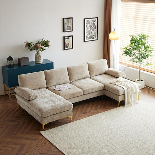 Karl home Convertible Sectional Sofa 110" U-Shape Sofa Couch 4-Seat Couch with Chaise ChenilleFabric Upholstered for Living Room, Apartment, Office, Camel