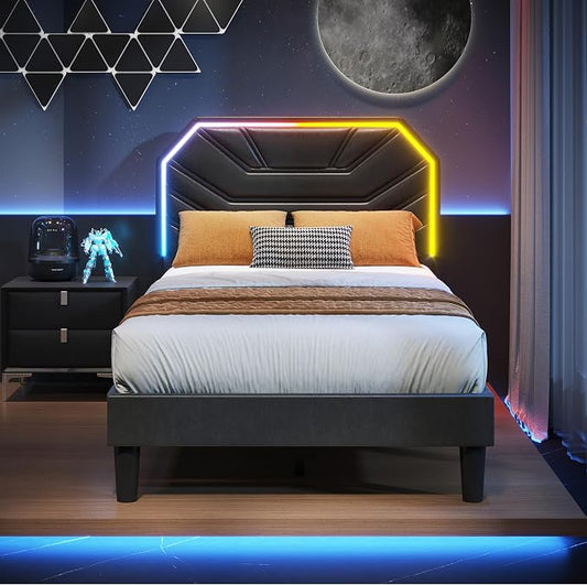LIKIMIO Twin XL Bed Frames with LED Light Headboard, Upholstered Modern Cama Twin XL Platform Bed Frame with Heavy Duty Supports, No Box Spring Need, Noise Free, Easy Assembly, Black
