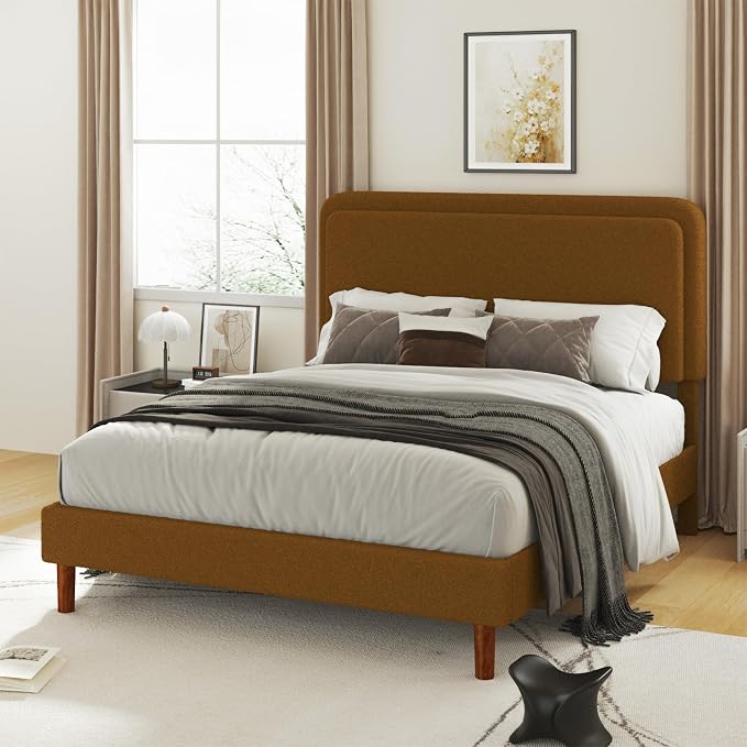 Full Size Boucle Upholstered Bed Frame with Adjustable Headboard, Cloud Platform Bed, Solid Wooden Legs, No Box Spring Needed, Easy Assembly, Brown