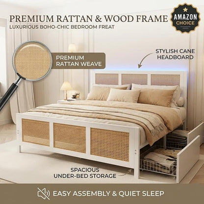Garvee Rattan King Bed Frame with LED Headboard (7 Colors), Boho Cane Platform Bed with 4 Large Drawers, Strong Metal Slats Support, Noise Free, No Box Spring Needed, Easy Assembly, White