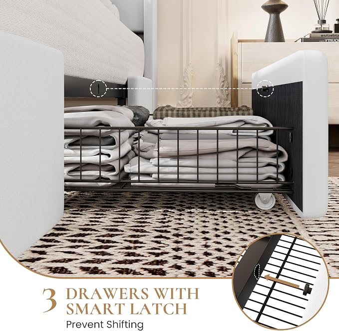 SHA CERLIN King Size Bed Frame with 3 Drawers, USB & Type-C Charging Ports, Velvet Upholstered Platform Bed with Modern Geometric Wingback Storage Headboard, No Box Spring Needed, Easy Assembly, White