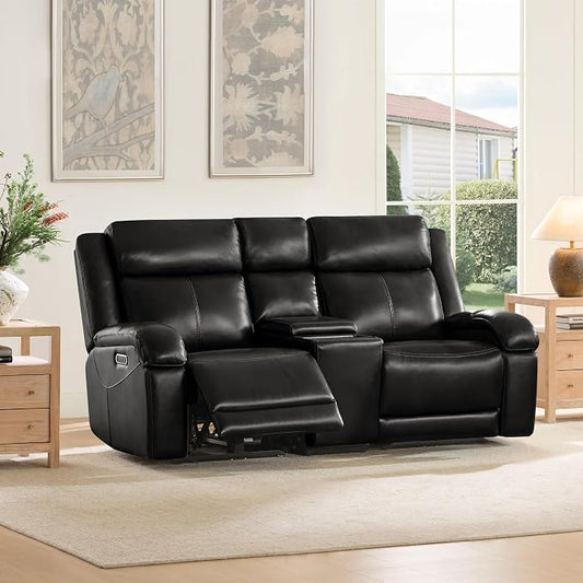 Watson & Whitely Genuine Leather Power Loveseat Recliner Sofa, Wall Hugger Loveseat Reclining Sofa with Storage Console, Power Headrest, Cup Holders, Dual Recliners for Living Room, RV, Black