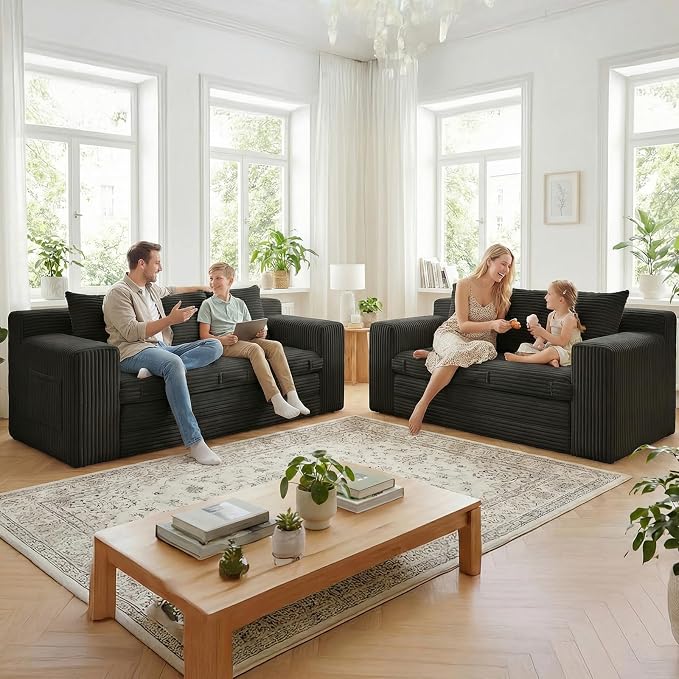 Boneless Couch,3 Seater Boneless Couch Bed – 3-in-1 Convertible Sleeper Sofa with Side Pockets & Handle,Pull Out Corduroy Futon for Small Space,Living Room & Bedroom,3 Pillows Included,No Assembly