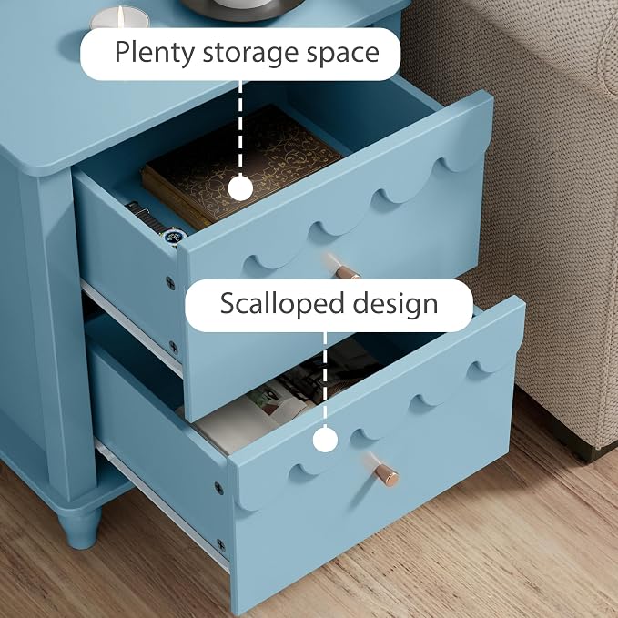 Anbuy Blue Nightstand Set of 2 with Petal Pattern, Modern Night Stand Set 2 with 2 Drawers for Bedroom, Side End Table Scalloped Bedside Night Tables with Solid Wood Legs