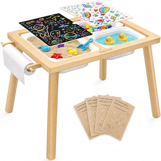 Easyego Sensory Table for Toddlers Kids Play Wooden Sand Water Table with Double-Sided Board & Foldable Storage Bins for Indoor and Outdoor Use, Birthday Gifts for Boys and Girls-Natural Color
