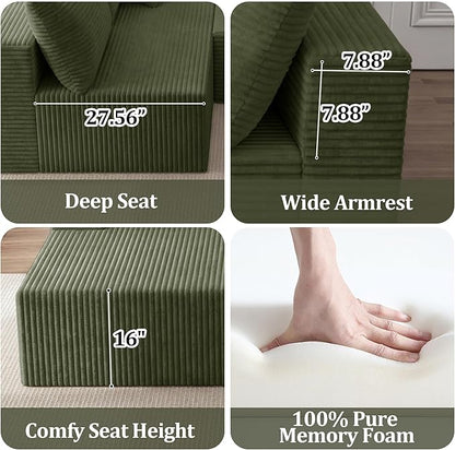 118" Modular Sectional Sofa with Chaise and Ottoman, Oversized U-Shaped Corduroy Cloud Couch,Deep Seat Boneless Couch for Living Room,No-Assembly,Green(Left Facing Chaise)