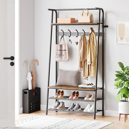 Jojoka Coat Rack Hall Tree with Shoe Storage Bench, 4-in-1 Entryway Organizer with 10 Hooks & 3-Tier Shoe Rack, Sturdy Metal Frame Freestanding Storage Unit for Hallway (Brown-Single Row, 31.5in)