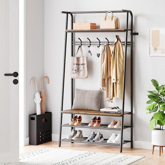 Jojoka Coat Rack Hall Tree with Shoe Storage Bench, 4-in-1 Entryway Organizer with 10 Hooks & 3-Tier Shoe Rack, Sturdy Metal Frame Freestanding Storage Unit for Hallway (Brown-Single Row, 31.5in)