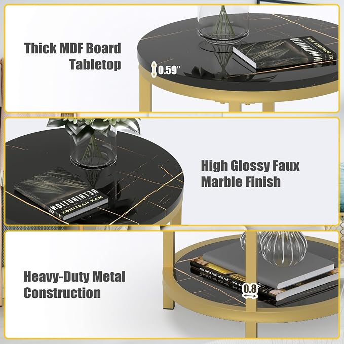 WiberWi Round Side Table Set of 2, Modern Nightstand End Table with Gold Metal Frame &Faux Marble Top, Accent Bedside Table for Living Room Bedroom Small Spaces with Storage Open Shelf,Black