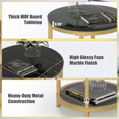 WiberWi Round Side Table Set of 2, Modern Nightstand End Table with Gold Metal Frame &Faux Marble Top, Accent Bedside Table for Living Room Bedroom Small Spaces with Storage Open Shelf,Black