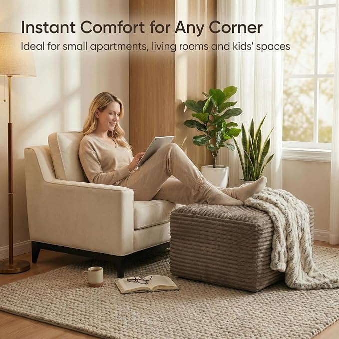 JINGLING 25.6 Inch Plush Corduroy Ottoman, Modular Sectional Foot Rest for Living Room, Upholstered Cloud Ottoman for Boneless Couch in a Box, Compressed Memory Foam, No Assembly Require, Camel