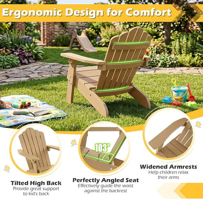 Costzon Kids Adirondack Chair, All-Weather HIPS Toddler Outdoor Chair, Wooden Textured Plastic Fire Pit Chair, Kids Patio Chair for Backyard Lawn Garden, Fits Children Age 3-7 Years (1, Teak)