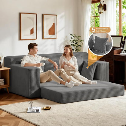 Oversized Boneless Loveseat, 3 Seater Pull Out Convertible Sofa Bed, 70" Gray Boneless Couch Fold Out Floor Couch Sleeper Sofa with 5 Pillows for Living Room Bedroom Lounge Small Space