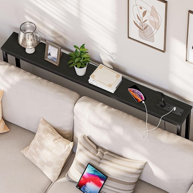 HOOBRO 47.2" Narrow Console Table with Power Outlet, 5.9" Behind Couch Table with Charging Station, Long Sofa Side Table, Skinny Entryway Table for Living Room, Hallway, Foyer, Black BB15XG01G1