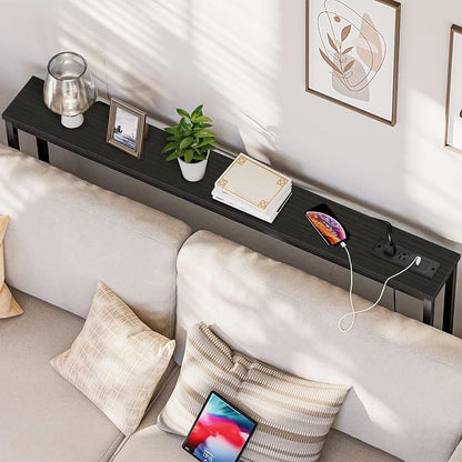HOOBRO 47.2" Narrow Console Table with Power Outlet, 5.9" Behind Couch Table with Charging Station, Long Sofa Side Table, Skinny Entryway Table for Living Room, Hallway, Foyer, Black BB15XG01G1
