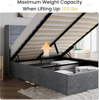 SHA CERLIN Queen Size Lift Up Storage Bed/Modern Wingback Headboard/Upholstered Platform Bed Frame/Hydraulic Storage/No Box Spring Needed/Wood Slats Support/Grey Blue